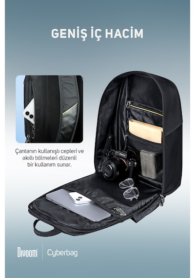 Divoom Pixoo Cyberbag Siyah Piksel Led Ekranlı Sırt Çantası Siyah