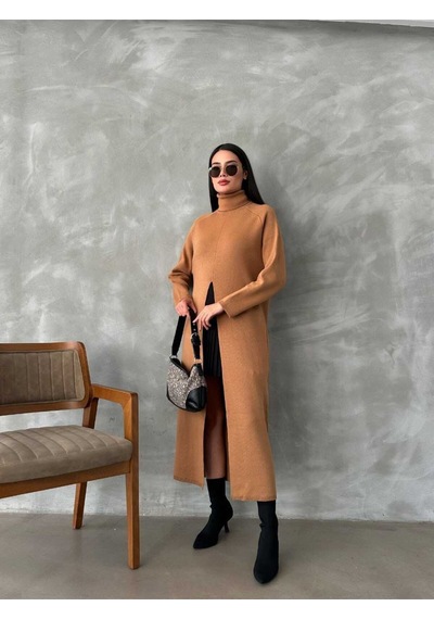 Anbly Collection Uzun Kollu Tam Balıkçı Yaka Önden Yırtmaçlı Triko Panço Elbise