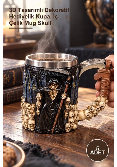 5 Adet İskelet Kupa Bardak 3d Tasarımlı Dekoratif Hediyelik Kupa, İç Çelik Mug Skull