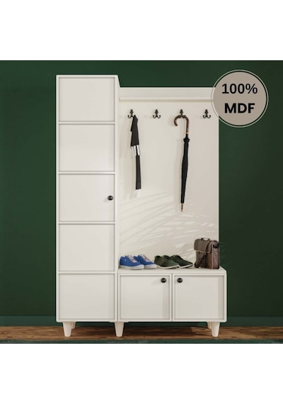Zambak Mdf Raflı Askılıklı Ayaklı Tasarım Portmanto Ayakkabılık Krem