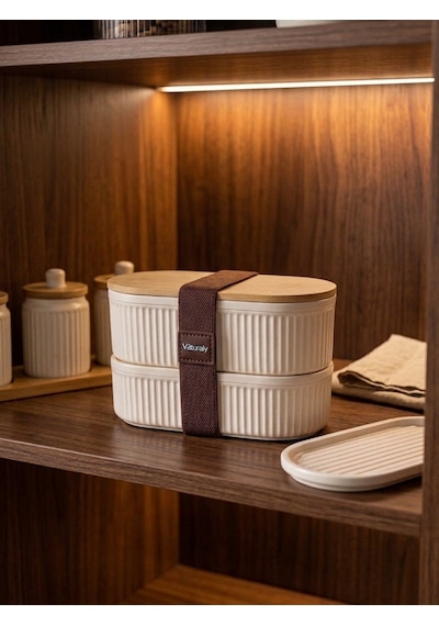 Premium Bambu Kapaklı Çift Katlı Lunch Box - Modern Tasarım Kilitli Beslenme Kutusu Ve Saklama Kabı Krem
