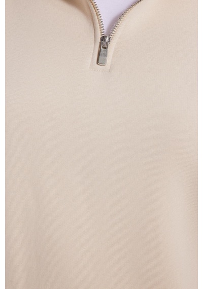 Tudors Kadın Relax Fit Rahat Kesim Pamuklu İçi Polarlı Yarım Fermuarlı Ekru Dik Yaka Sweatshirt-42196 Ekru