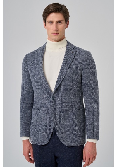 Morven Erkek Marine Örme Trend Ekoseli Slim Fit Mono Yaka Ceket 26ks002003210 Marine