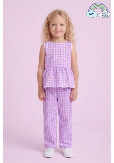 My Kids Wear Kız Çocuk Pötikareli Peplum Bluz Ve Pantolon Takımı 12694 Lila