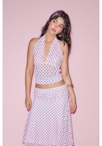 Defacto Fıtted Puantiye Halter Yaka Tül Pembe Bluz H5916ax26smpn440 Pembe-pn440