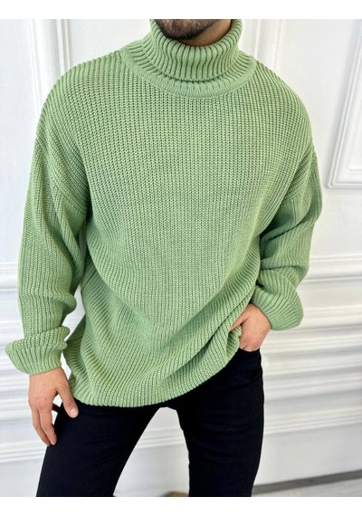 Elku Moda Boğazlı Erkek Kazak Oversize Balıkçı Yaka Geniş Salaş Triko Kazak Yeşil