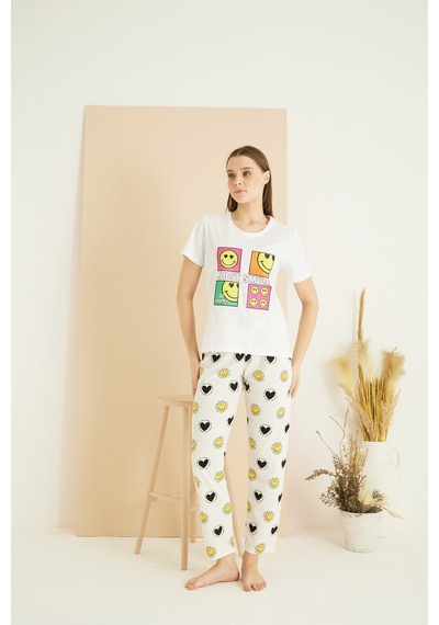 Siyah İnci Pamuklu Bisiklet Yaka Örme Pijama Takım25103234 Ekru