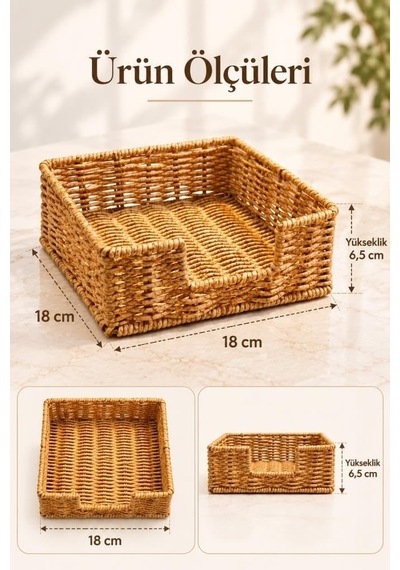 Hasır Rattan Kare Peçetelik 18x18x6.5 Cm - Masa Üstü Kolay Çekme Oyuklu Peçete Sunum Sepeti Diğer