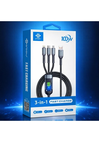 Erdo Ticaret 3 Ü 1 Arada 100w Hızlı Şarj Kablosu Type-c, Lightning, Micro Usb, Led Ekranlı, Örgülü Arb-125 Erdotıca Standart