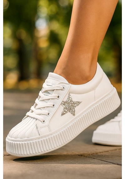 Günlük Kadın Sneaker Bağcıklı Yıldız Detaylı Yüksek Taban Simli Rahat Ayakkabı 7100 Beyaz