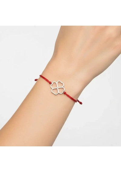 G&a Jewels - Kalpli Yonca - 925 Ayar Gümüş 0.01ct Pırlanta Taşlı Kırmızı İpli Bileklik Gümüş - Kırmızı