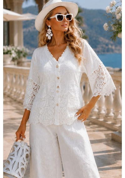 Asprinfashion İthal Güpür Dantel İşlemeli Pantolonlu Takım Ekru