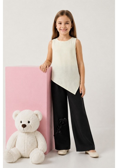 Fesshera Kids Kız Çocuk Asimetrik Kesim Bluz Ve Gül Detaylı Bol Paça Pantolon Takım Şık Kombin Sarı