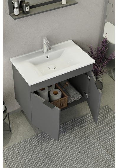 Biani Fix Arya 75 Cm Banyo Dolabı,Seramik Lavabolu, Aynalı,Lavabo Dahil,Mdf,Mat Gri Biani Fix Arya 75 Cm Banyo Dolabı,Seramik Lavabolu, Aynalı,Lavabo Dahil,Mdf,Mat Gri