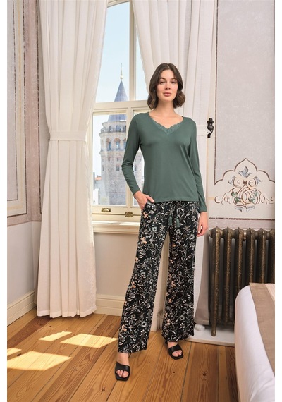 Monamise Kadın Çiçek Ve Yaprak Desenli Dantelli Büyük Beden Pijama Takımı 24168bat Yesil