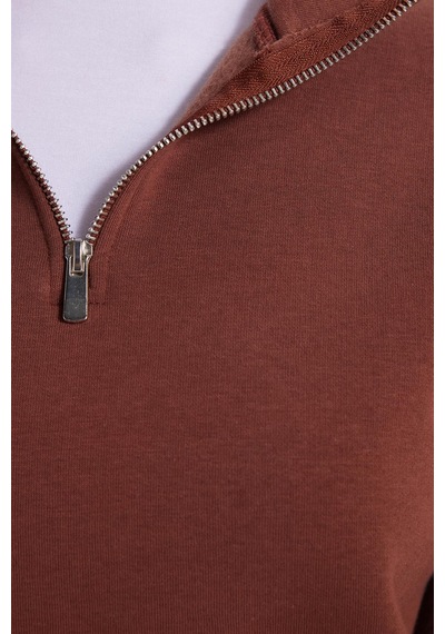 Tudors Kadın Relax Fit Rahat Kesim Pamuklu İçi Polarlı Yarım Fermuarlı Kahverengi Dik Yaka Sweatshirt-42194 Kahverengi1