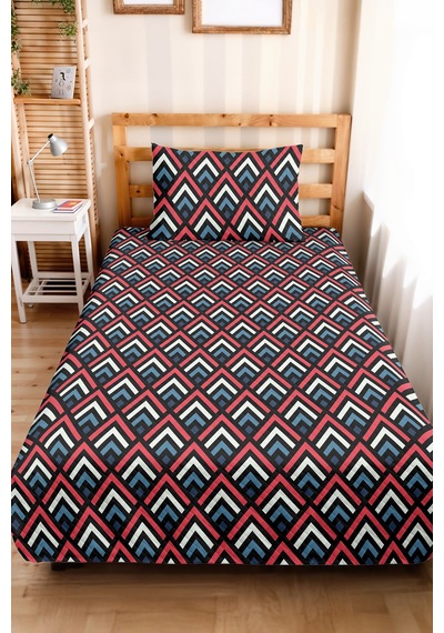 Geometrik Siyah Genç Odası Tek Kişilik Pike Takımı - Modern Lacivert Kırmızı 160x220 Cm Yatak Örtüsü Dokulu İz Perdesi