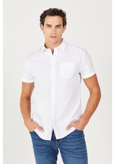Wrangler Regular Fit Normal Kesim Kısa Kollu Düğmeli Yaka Keten Gömlek W5J7100 Beyaz