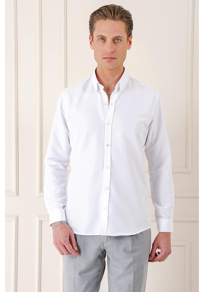Efor Slim Fit Düğmeli Yaka Pamuklu Klasik Beyaz Gömlek Gk 715 Beyaz