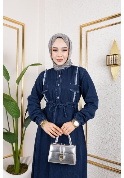 Harman Butik Kadın Püsküllü Denim Kot Elbise Lacivert Lacivert