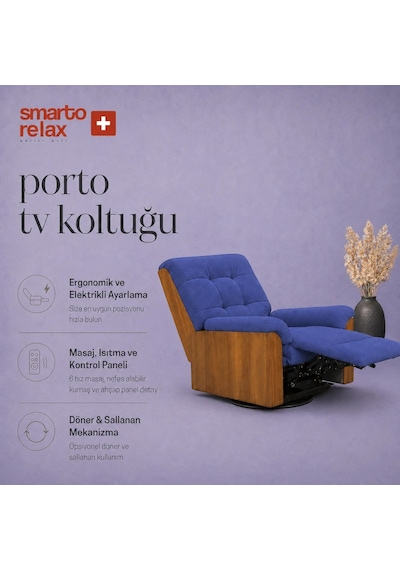 Smarto Relax Porto Tv Koltuğu Elektrikli Masajlı Isıtmalı Döner Sallanan Ahşap Yan Panelli Polyester Kumaş Baba Koltuğu Mavi