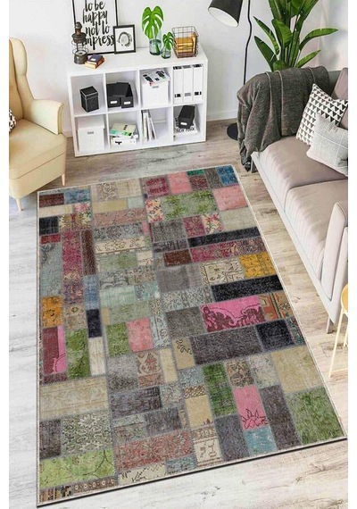 Renkli Kaymaz Tabanlı Yıkanır Patchwork Mutfak Halısı Ar1061n11 Çok Renkli