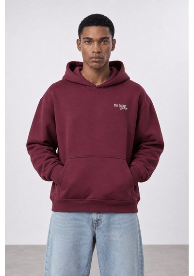 Respire Erkek Carpet Patch Detaylı Oversize Hoodie Bordo