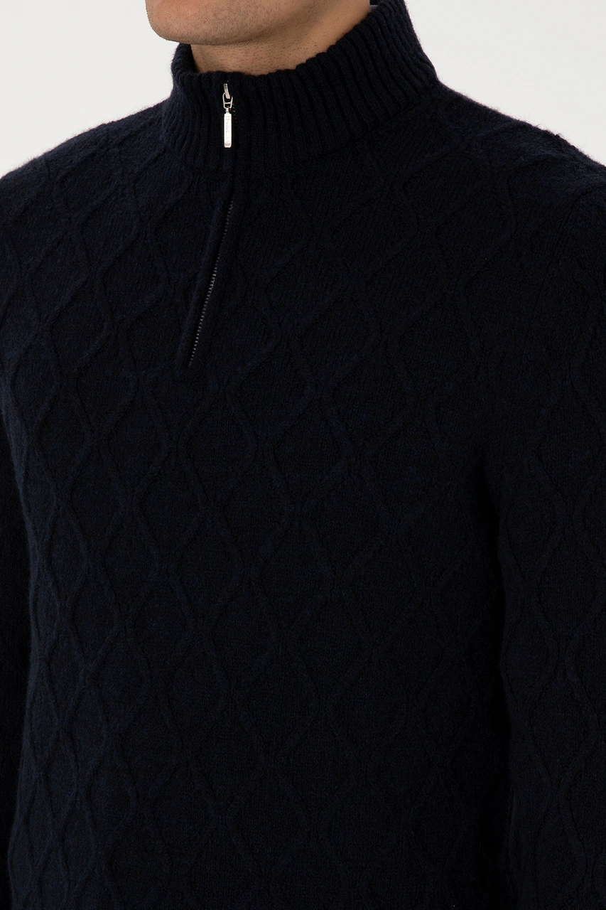 U.S. Polo Assn. Erkek Regular Fit Yarım Fermuarlı Desenli Lacivert Kazak 50315035-VR033