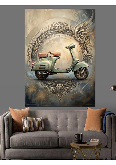Eski Çerçevede Nostaljik Yeşil Vespa Dekoratif Kanvas - Mdf Ahşap Tablo