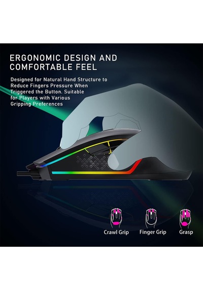 F805 6400dpı Rgb 7 Tuşlu Makro Optik Oyuncu Mouse, Siyah