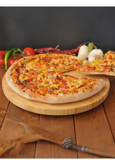 Bambu 360 Derece Dönen Yuvarlak Lüx Servis Sunum Tabağı Pizza Peynir Sunum Tahtası 30 Cm Kahverengi