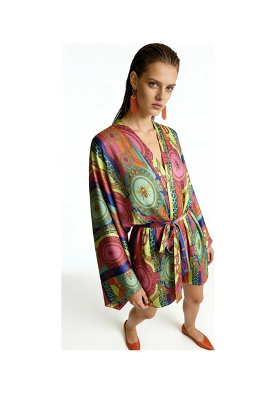 Fumee Melia Kısa Saten Sabahlık / Kimono Çok Renkli