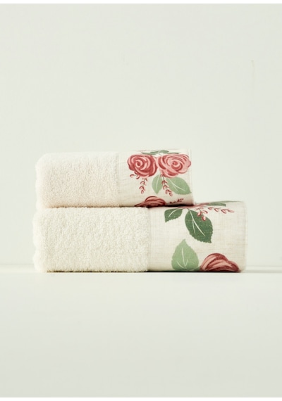 Bella Maison %100 Pamuk Rose Baskılı Yüz Havlusu Krem 50x90 Cm Krem 1
