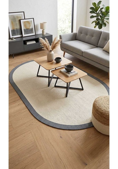 Natura Sisal Hasır Görünümlü Çerçeveli Oval Halı Ntr17 Lacivert-krem