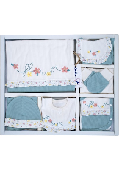 Sitilin Kız Bebek Natural Yeşil İşlemeli süslü Lüks 10 Lu Hastane Çıkışı Set STL6064 Çok Renkli