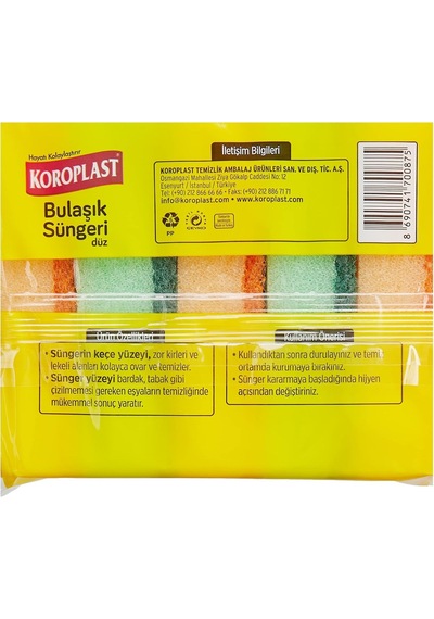Koroplast Çift Taraflı Düz Bulaşık Süngeri 5'li, Çizik &amp İz Bırakmaz, Yağ Ve Leke Giderici Pratik Temizlik