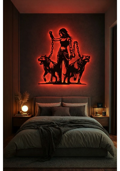Led Işıklı Güçlü Zincirli Kadın Ve Kurt Köpek Figürlü Tablo Dekoratif Gece Lambası Kırmızı - 825805816 Kırmızı