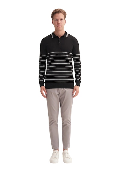 Cazador Slim Fit Viskon Dokulu Basic Çizgi Detaylı Polo Yaka Kazak-33020 Siyah