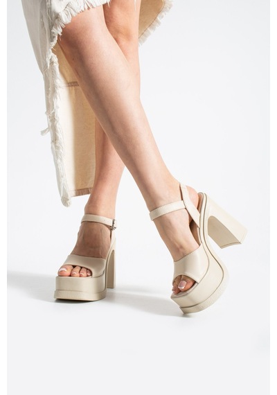 Dabab Shoes Varena Kadın Bej Platform Taban 13 Cm Kalın Topuklu Bilekten Bantlı Sandalet