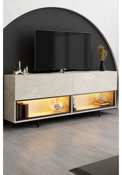 Ekol Siyah Demir Ayaklı Rgb Led Işık Sistemli Traverten Tv Ünitesi Tv Sehpası M2 Traverten - Siyah Ekol Siyah Demir Ayaklı Rgb Led Işık Sistemli Traverten Tv Ünitesi Tv Sehpası M2 Traverten - Siyah