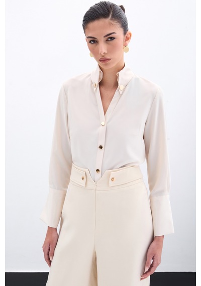 Sateen Çıt Çıt Detaylı Gömlek - Bej-135953 Bej
