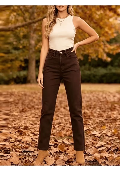 Layal My Beauty Jeannine Kadın Jeans Yüksek Bel Mom Boyfriend Dar Paça Denim Kot Pantolon Kahve