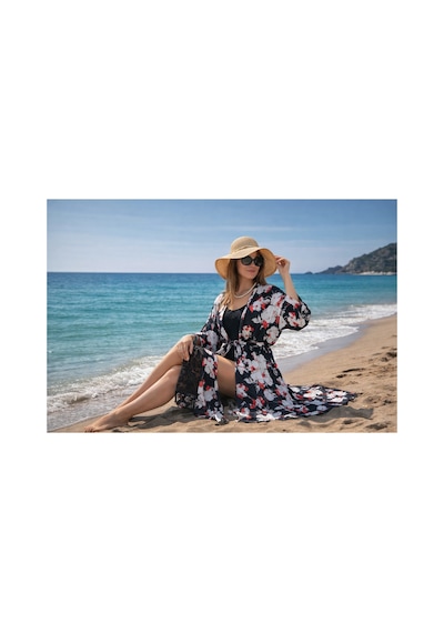 Wellway Viskon Saten Kumaş Kimono - Pareo - Sabahlık - Kuşak Dahildir - Siyah Siyah