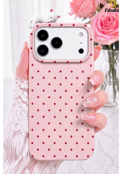 Fibaks iPhone 17 Pro Max Uyumlu Kılıf 3d Kedi Pembe Puantiye Noktalı Figürlü Kamera Korumalı Silikon