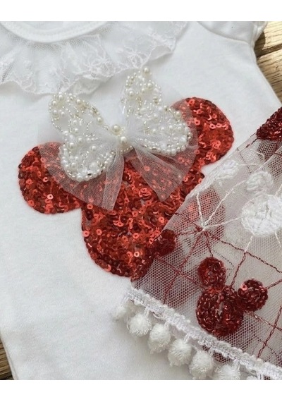 Biçomi Mickey Payet Nakışlı Brode Etekli Kız Bebek Özel Gün Takımı - Kırmızı Kırmızı