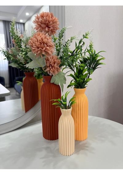 3 Lü Renkli Dekoratif Vazo Seti-şık Ve Estetik -minimalist Vazo Seti-minimal Masa-salon Aksesuarı Kahverengi Krem Şeftali