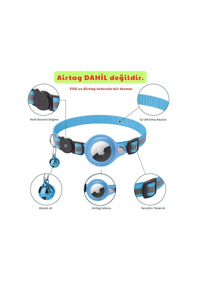 Etashop Airtag Uyumlu Reflektif Kedi Tasması Zilli Ayarlanabilir Kedi Boyun Tasması 22-32 Cm Pembe