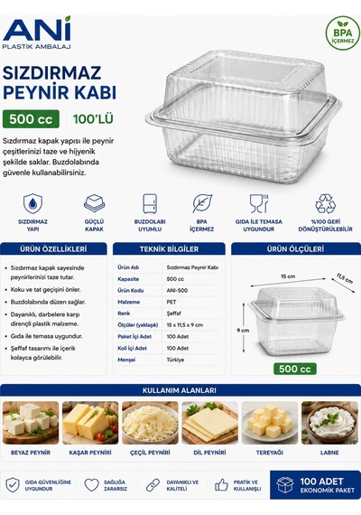 Anı Sızdırmaz Peynir Kabı 500 Cc 100'lü Ölçüleri: 15x11,5x9 Cm