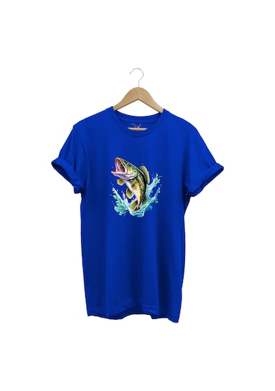 Fishing Balıkçılık Levrek Balığı Deniz Baskılı %100 Pamuk Regular Fit Bisiklet Yaka Mavi T-shirt Mavi