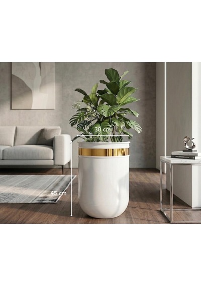 Dekoratif Glossia 45 Cm Beyaz Gold Darbuka Saksı